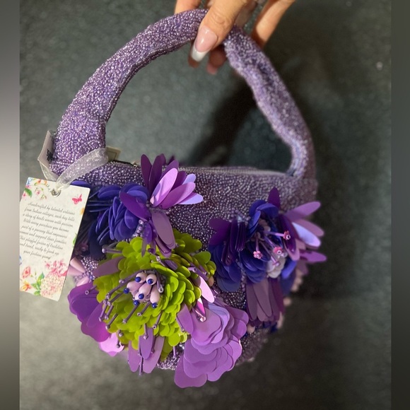 💚💜MADE IN INDIA-Purple Floral Beaded Handbag  Tik Tok Viral NWT💜💚 - Picture 8 of 14